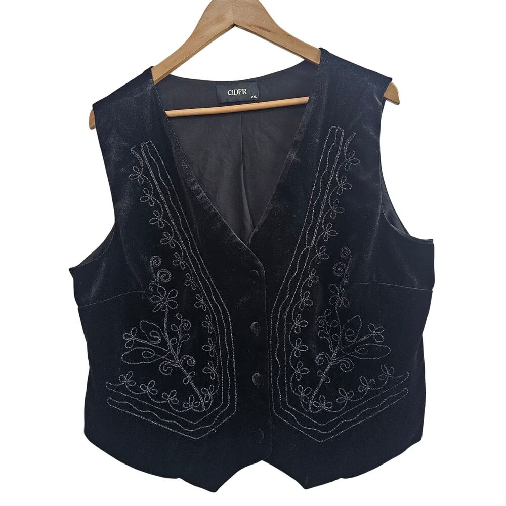 Vintage Velvet Floral Vest Womens 2X Black 2K Boho Indie Whimsygoth Retro Fairy